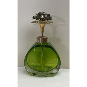 Vintage DeVilbiss Perfume Bottle – Green Glass with Rhinestone Floral Top Vanity